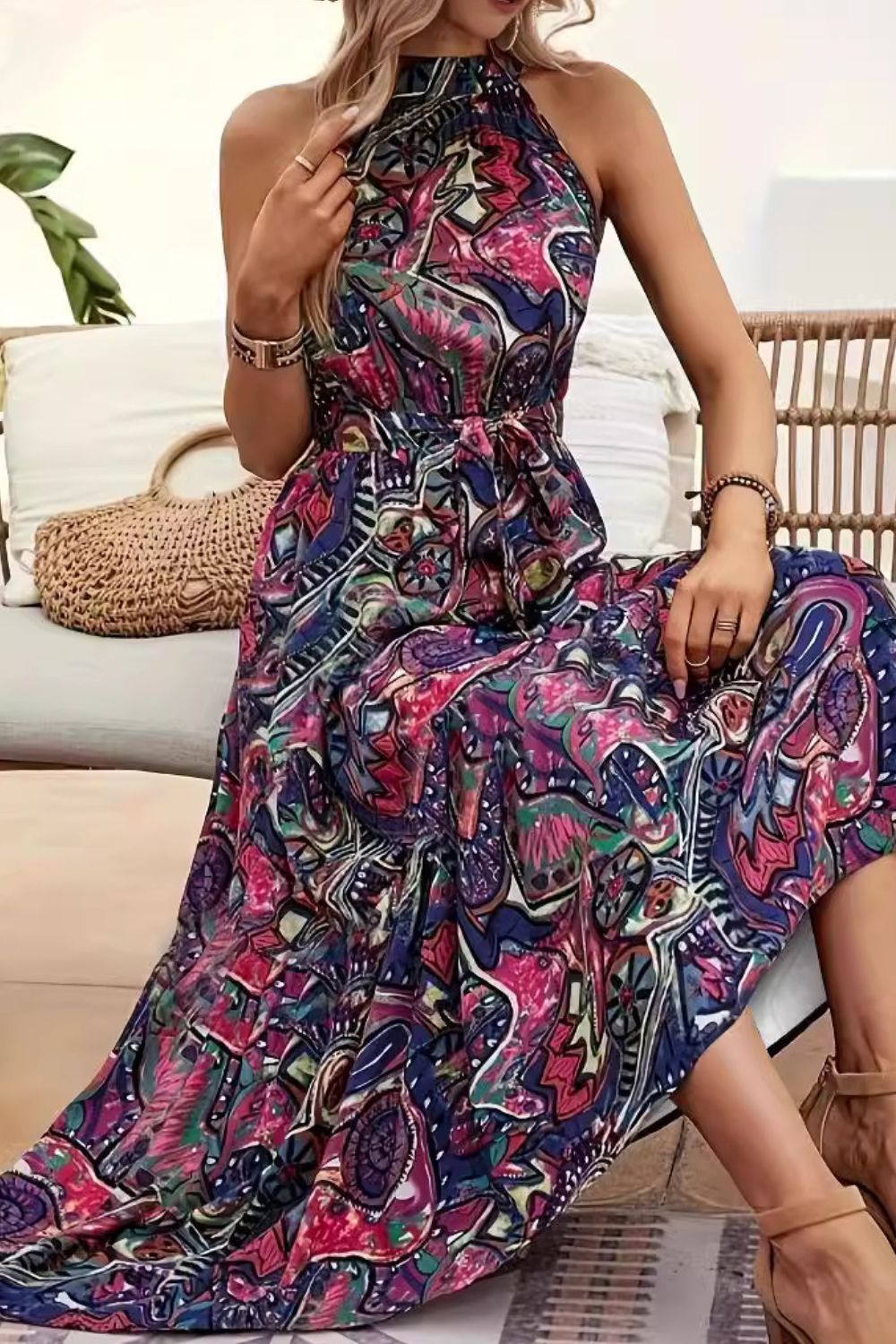 Tied Slit Floral Sleeveless Dress