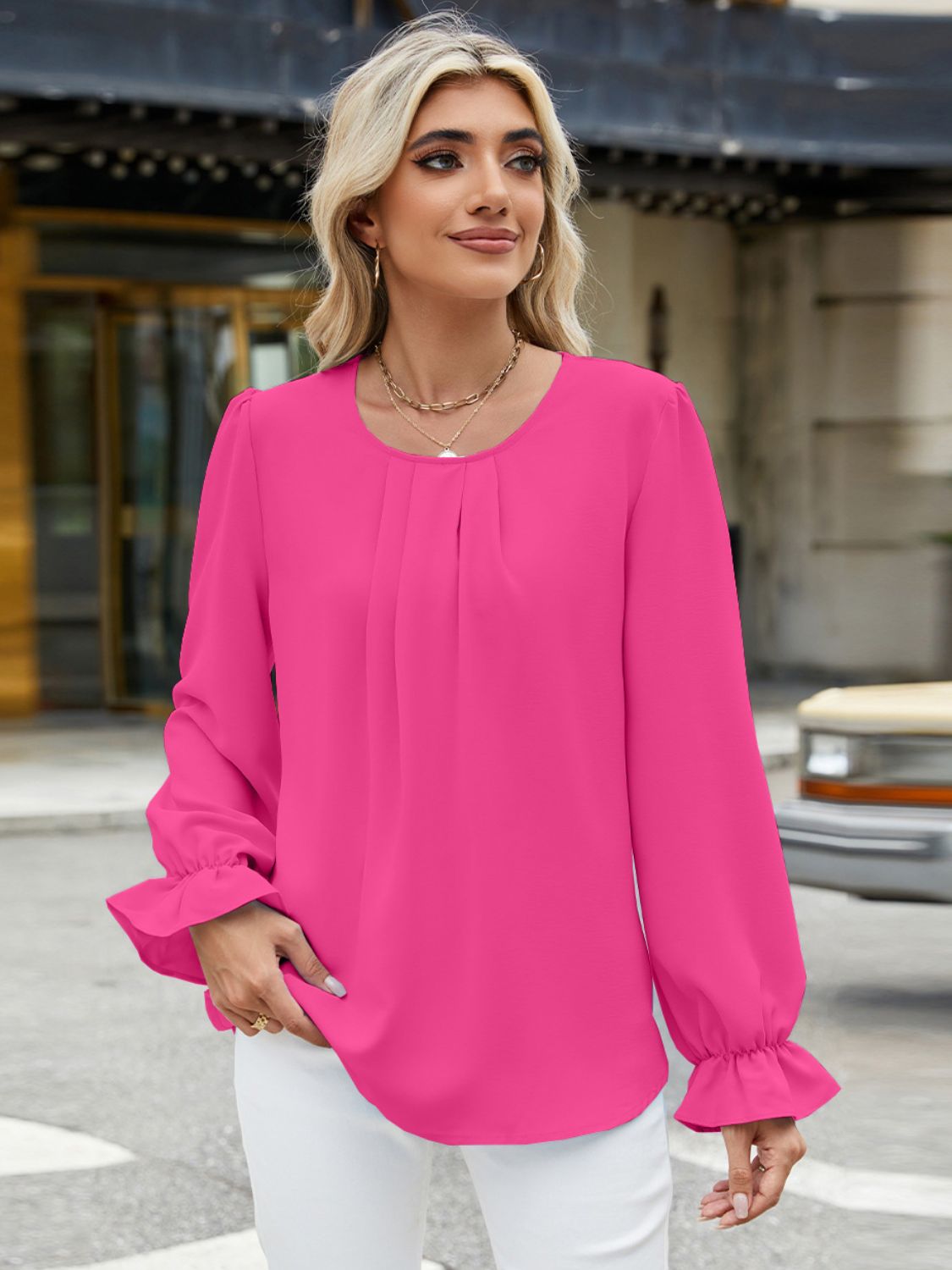 Round Neck Flounce Sleeve Top