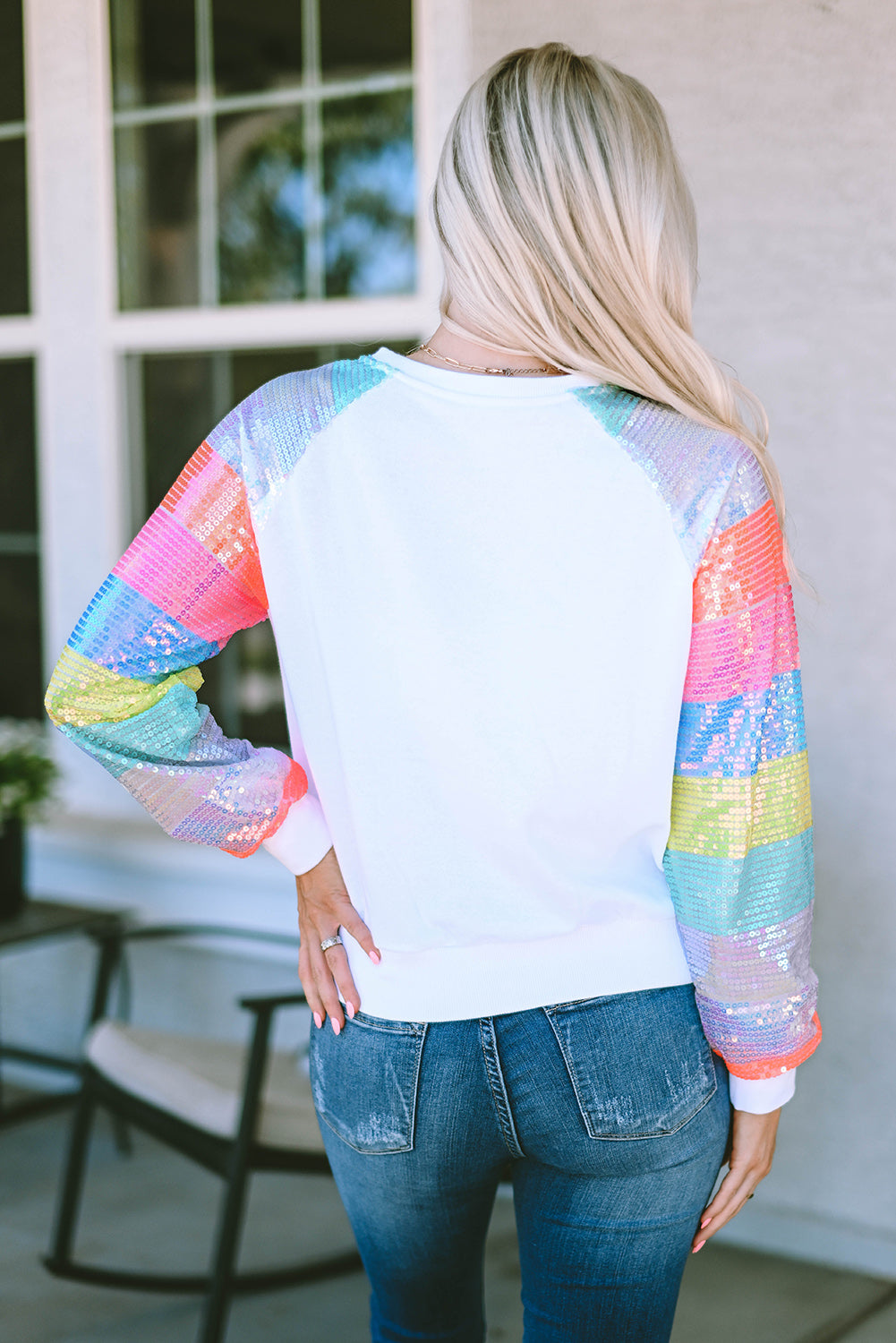 White Sequin Color Block Raglan Sleeve Pullover Sweatshirt