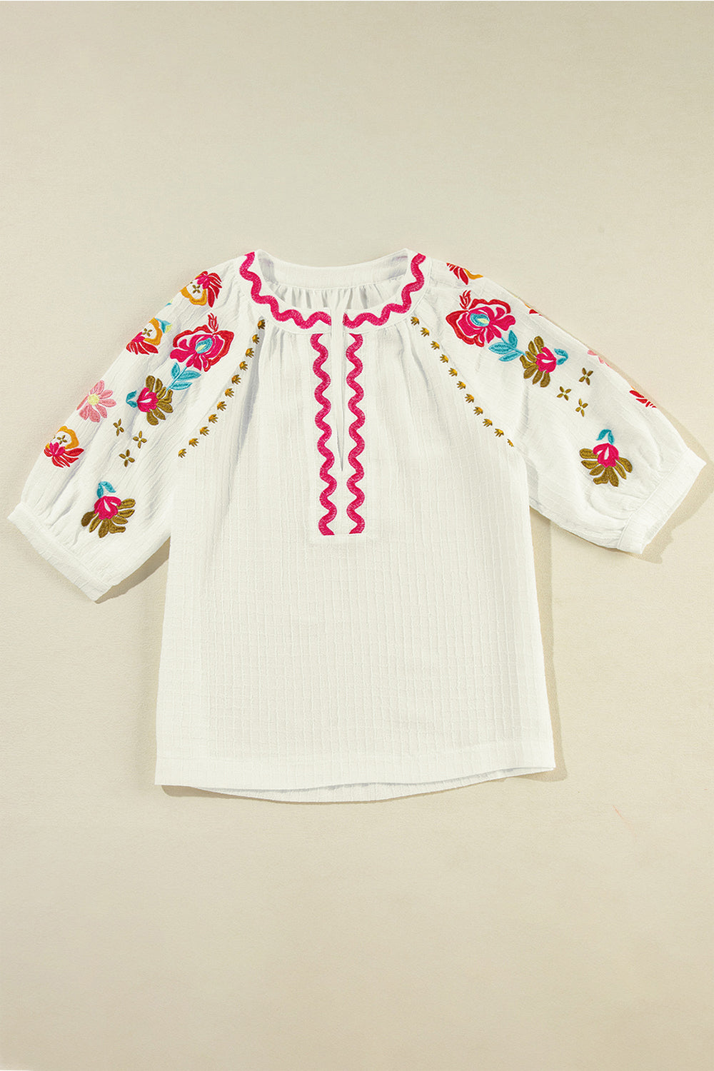 Embroidered Notched Half Sleeve Blouse