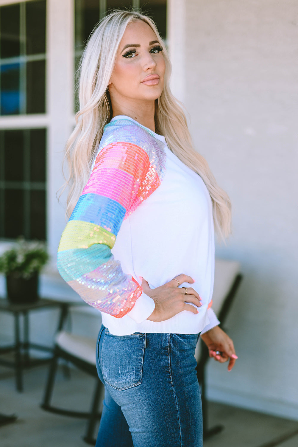 White Sequin Color Block Raglan Sleeve Pullover Sweatshirt