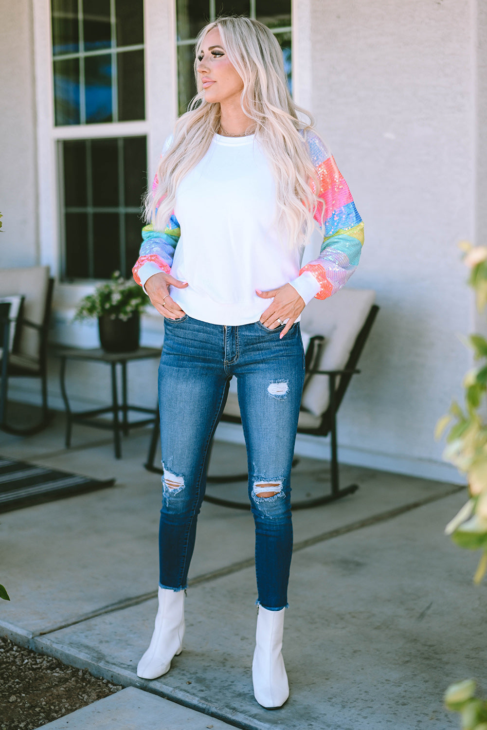 White Sequin Color Block Raglan Sleeve Pullover Sweatshirt