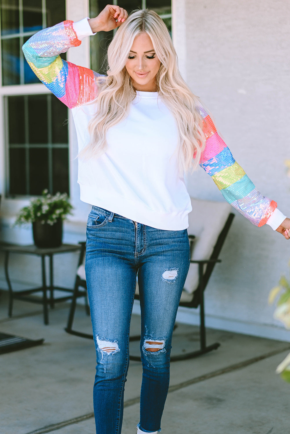 White Sequin Color Block Raglan Sleeve Pullover Sweatshirt