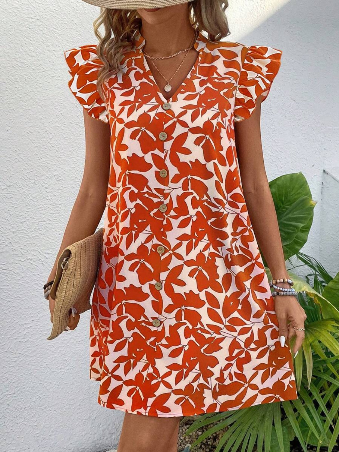 Printed Notched Cap Sleeve Mini Dress