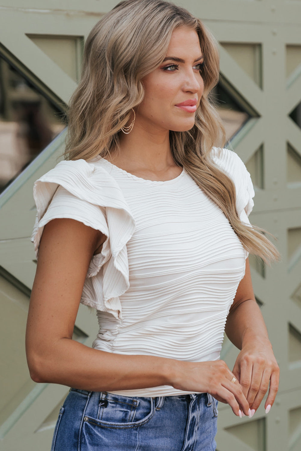 White Wavy Textured Ruffle Sleeve Top