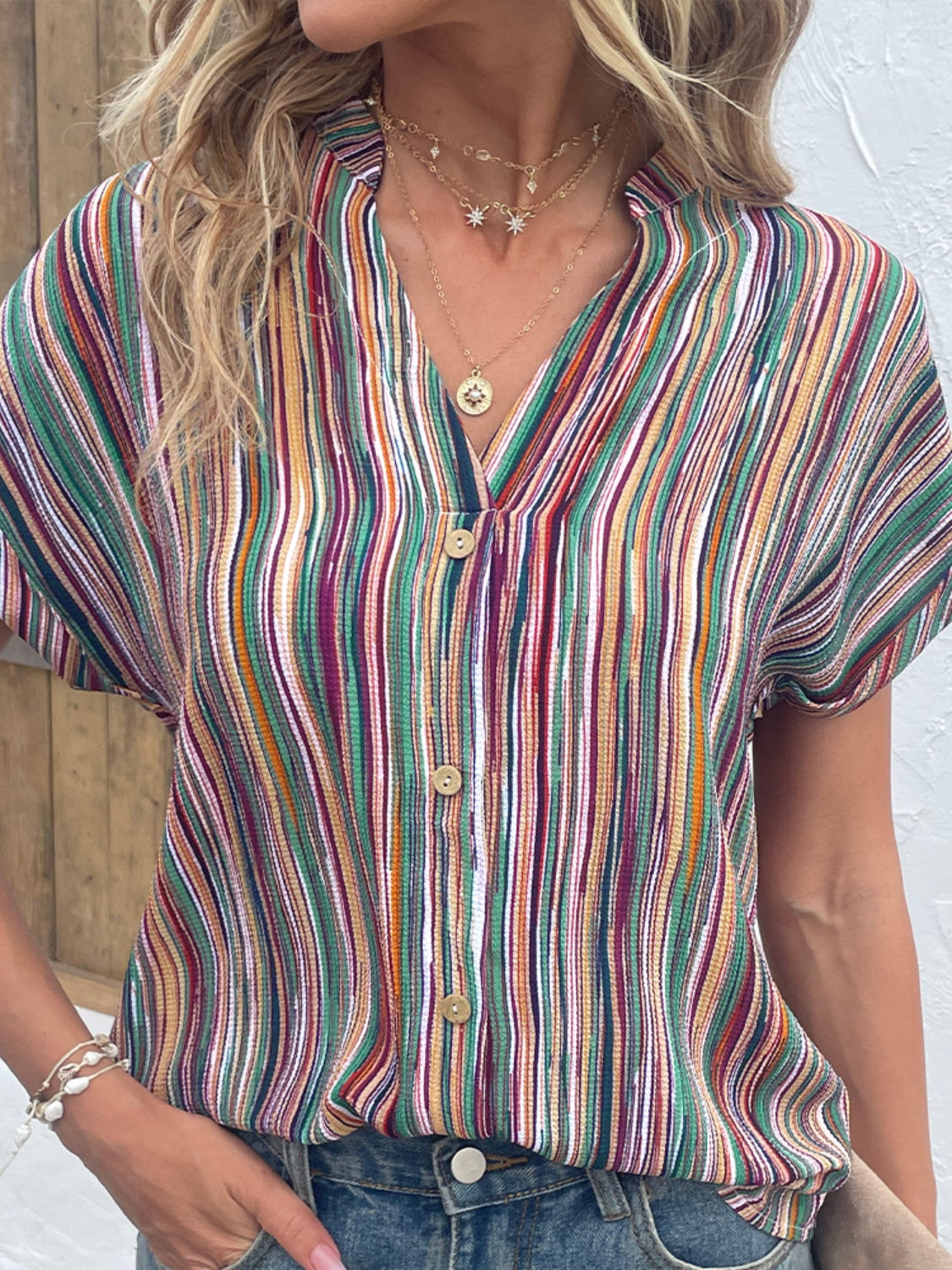 Striped Notched Short Sleeve Blouse