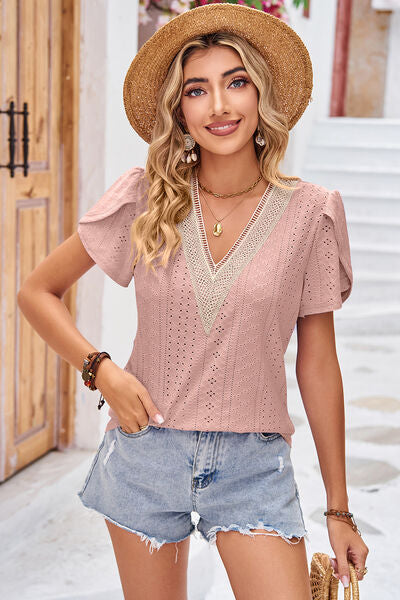 Eyelet V-Neck Petal Sleeve T-Shirt